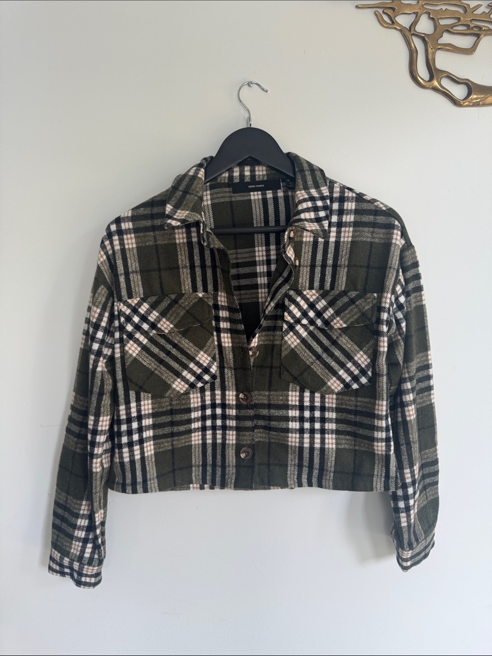 Vero Moda Plaid Cropped Shirt Jacket / Shacket - Olive, black, cream